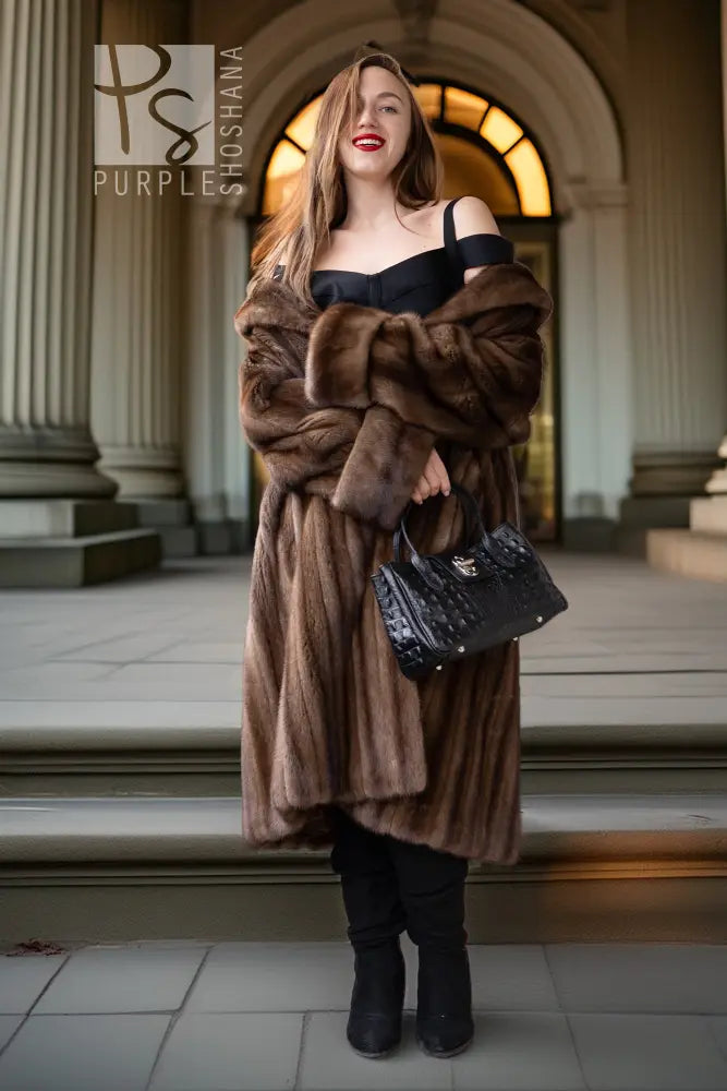 Tan mink swing coat with wide shawl collar, long sleeves