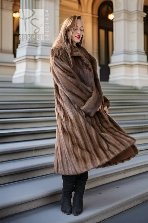 Brown mink swing coat with collar detail, flared hem and long sleeves
