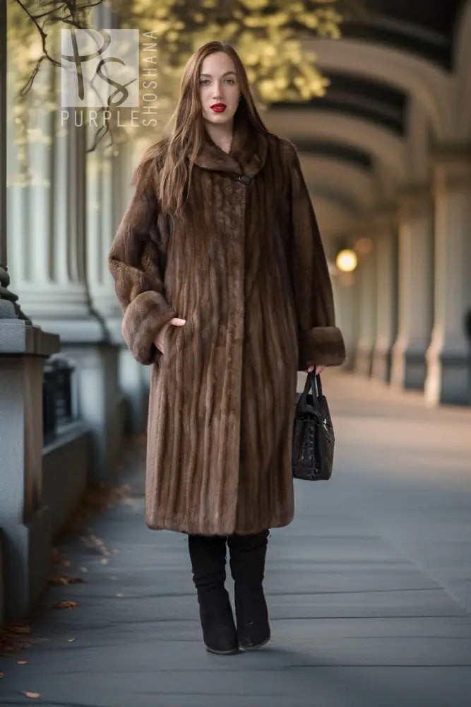 Women’s dark brown mink swing coat with hood, long sleeves, and front button closure.