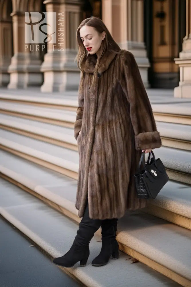 Brown mink swing coat with plush texture, side profile and fur cuffs