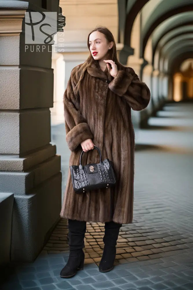 Brown mink swing coat with wide collar and midi flared length