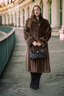 Brown mink swing coat, full front view, swing hem and fur collar