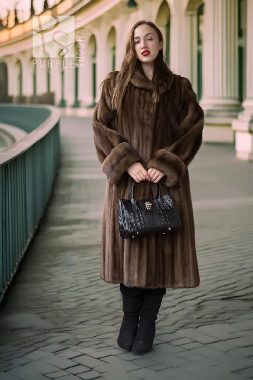 Brown mink swing coat, full front view, swing hem and fur collar