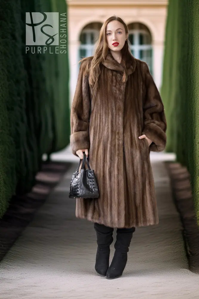 Brown mink swing coat with buttoned front and stand collar