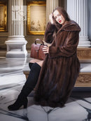 Hooded mink swing coat, dark brown, long silhouette with button front