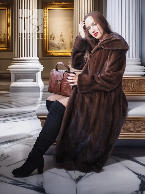 Hooded mink swing coat, dark brown, long silhouette with button front