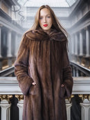 Hooded dark brown mink swing coat with wide collar and button cuffs