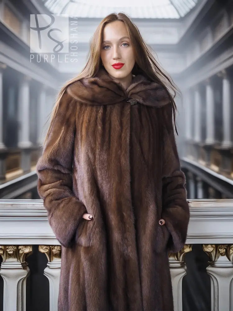 Hooded dark brown mink swing coat with wide collar and button cuffs