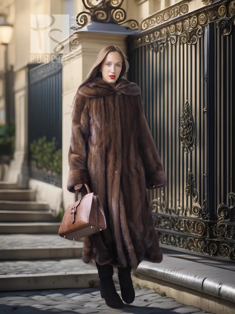 Hooded mink swing coat in dark brown with flared hem and long sleeves