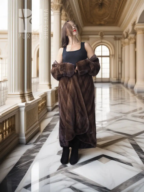 Dark brown mink swing coat with oversized collar and flared hem, full body