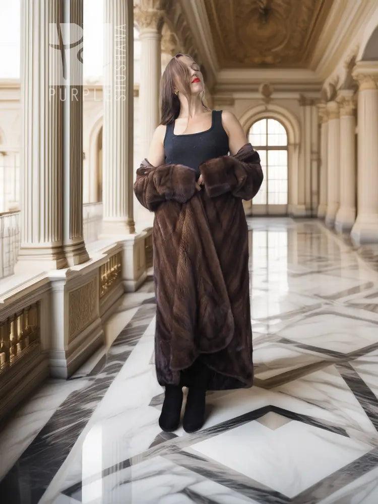 Dark brown mink swing coat with oversized collar and flared hem, full body