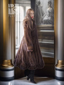 Dark brown mink swing coat with full skirt shape and long sleeves