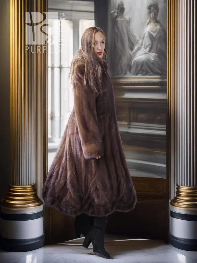 Dark brown mink swing coat with full skirt shape and long sleeves