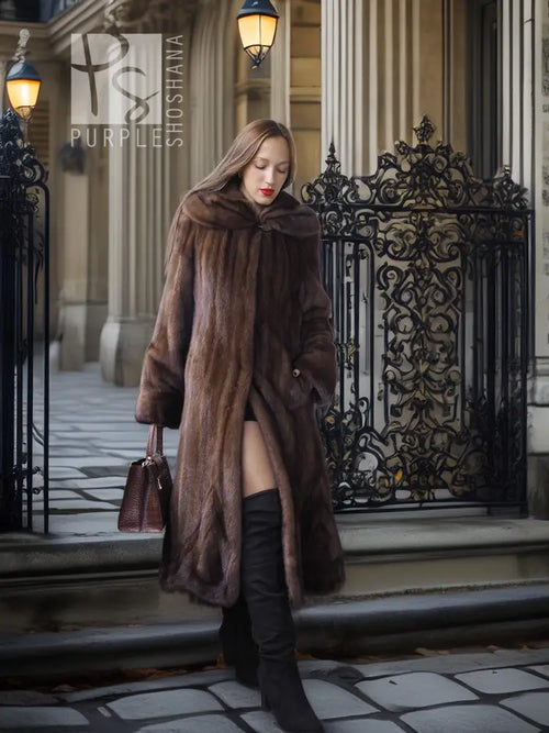 Dark brown hooded mink swing coat with voluminous skirt and long sleeves