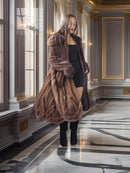 Dark brown mink swing coat with open front and voluminous sleeves, walking view
