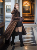 Dark brown swing mink coat with plush hoodless fur collar, open front, long sleeves