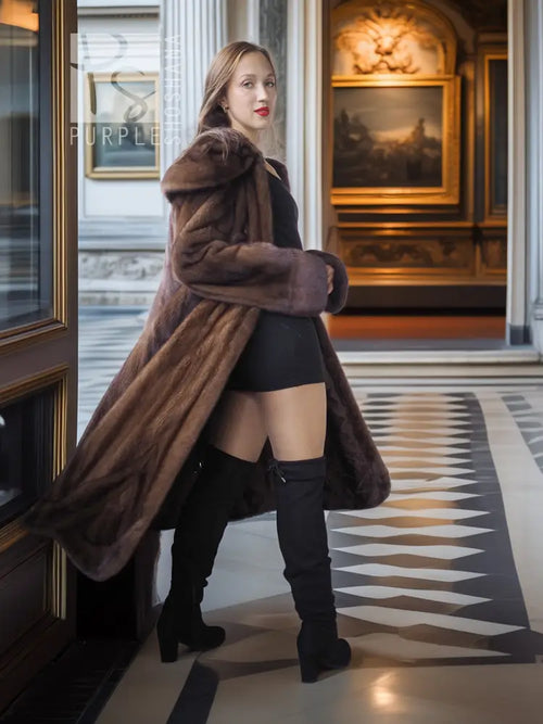 Dark brown swing mink coat with plush hoodless fur collar, open front, long sleeves