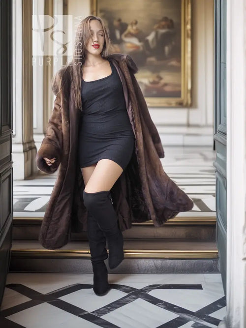 Demi buff mink swing coat, dark brown, open front with long sleeves and hood