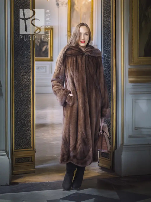 Dark brown mink swing coat with hood and button-front closure