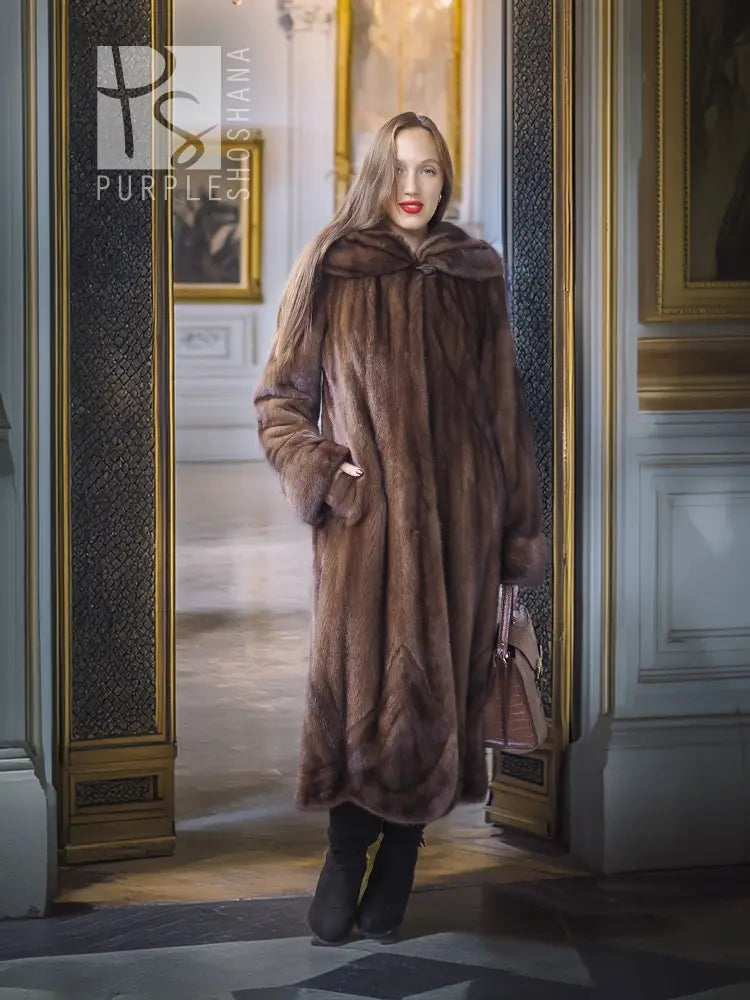 Dark brown mink swing coat with hood and button-front closure
