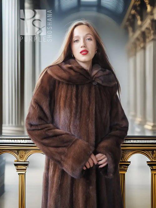 Dark brown mink hooded swing coat with wide collar and front closure
