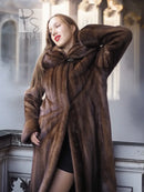Demi buff mink swing coat with hood, dark brown texture, long sleeves, open front