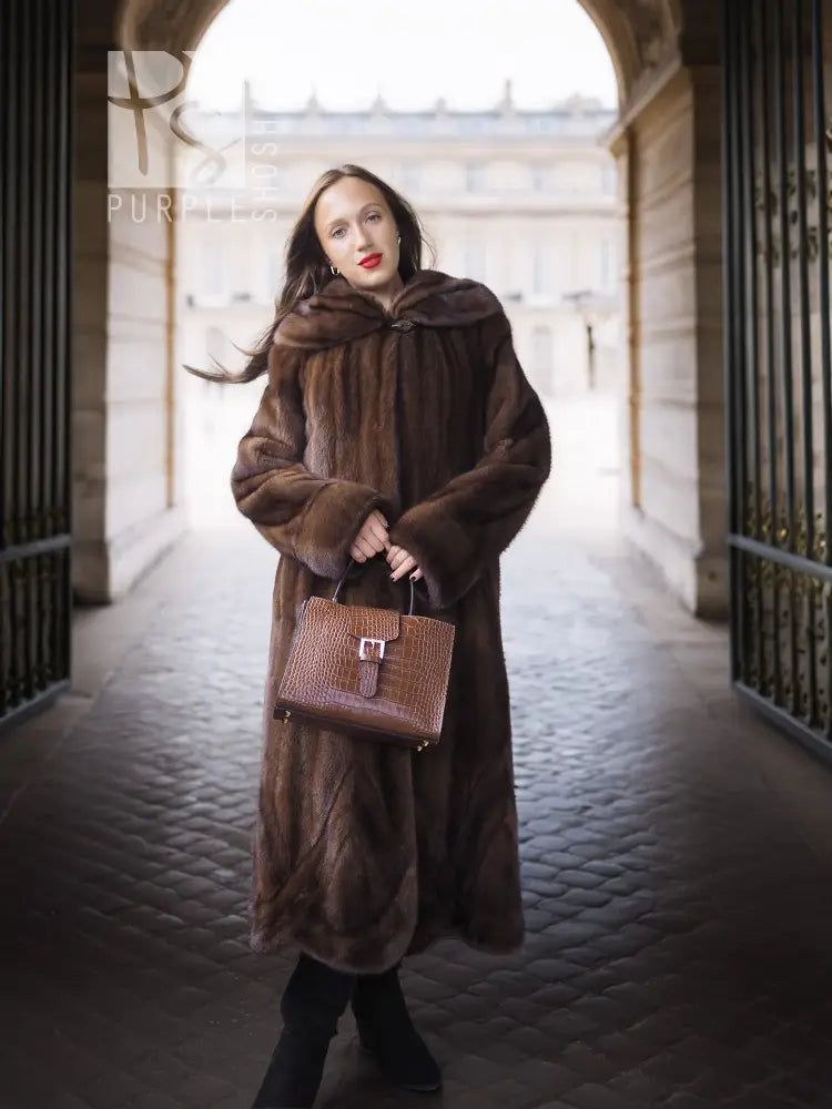 Dark brown hooded mink swing coat with full length and swing hem