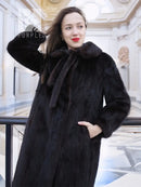 Mink fur coat with oversized collar and tie belt, textured fur with long sleeves
