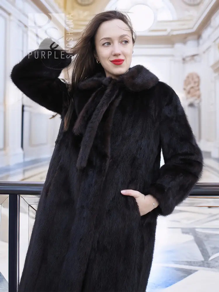 Mink fur coat with oversized collar and tie belt, textured fur with long sleeves
