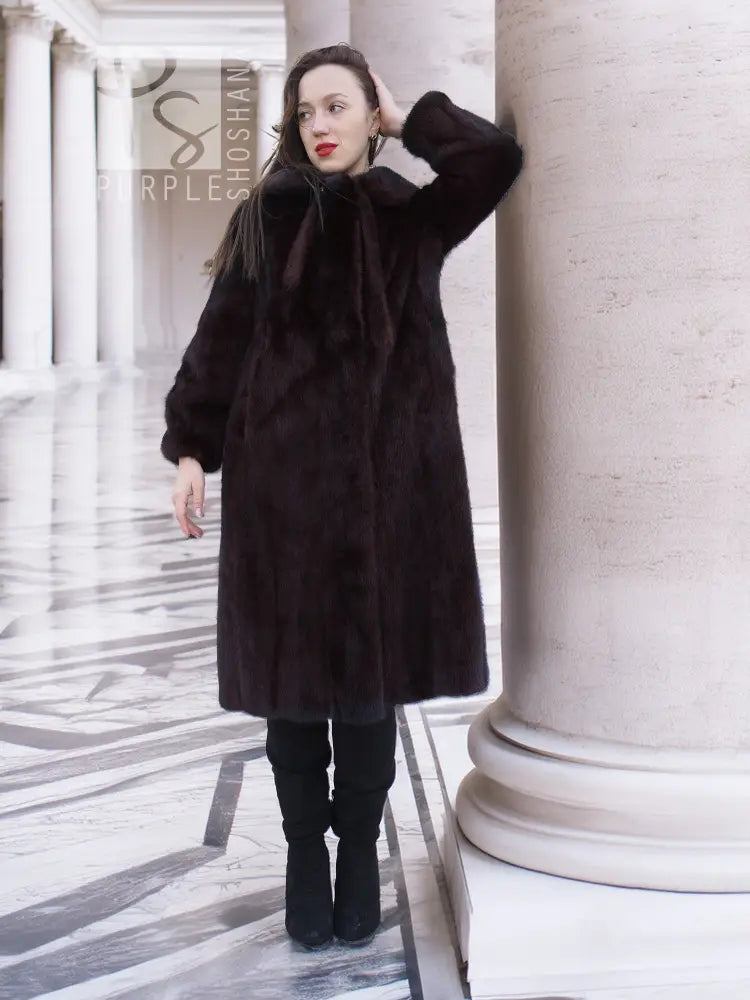 Vintage mink fur coat with tie collar and long length, dark color, front view