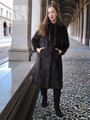 Mink fur coat with tie belt, long straight silhouette and wide collar, front pocket detail
