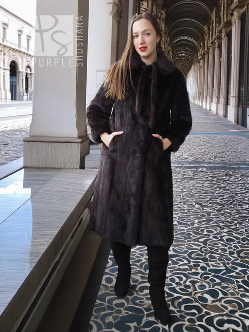 Mink fur coat with tie belt, long straight silhouette and wide collar, front pocket detail