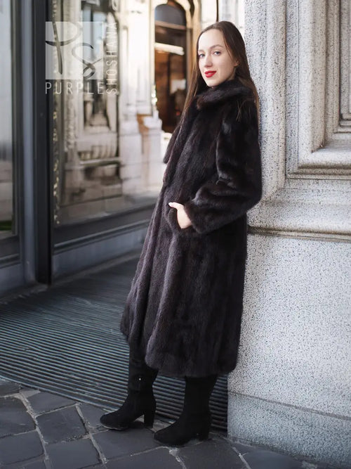 Vintage mink fur coat with tie detail, dark color, long sleeves and full length