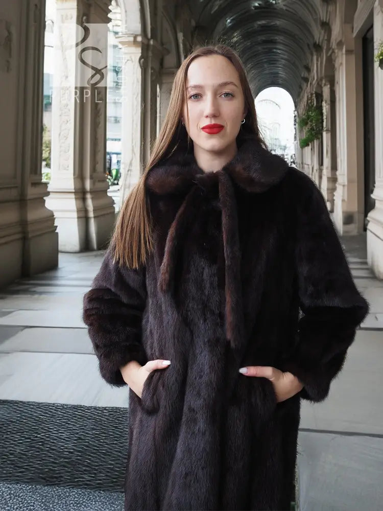 Vintage mink fur coat with plush stand-up collar, dark color, long sleeves