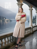 Golden pearl mink fur coat in light cream with wide fur collar and full button front.