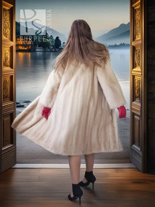 Golden pearl mink fur coat in light cream, back view, wide collar, knee length.