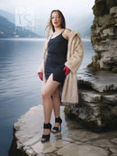 Golden Pearl mink fur coat, open front with wide collar, long sleeves, light cream
