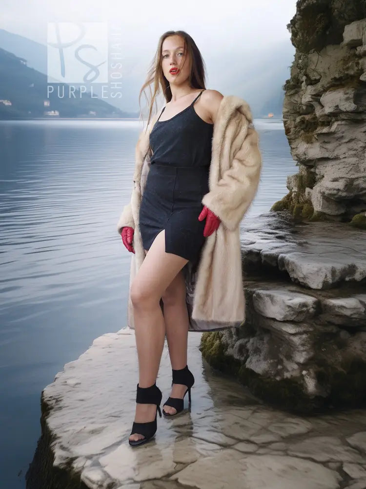 Golden Pearl mink fur coat, open front with wide collar, long sleeves, light cream