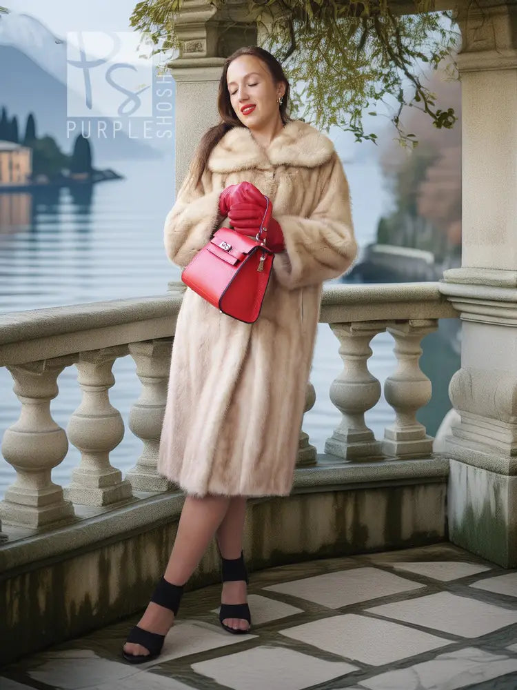Golden Pearl mink fur coat with shawl collar, long sleeves, cream tone.
