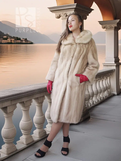 Golden pearl mink fur coat in light cream with wide fur collar and knee length.