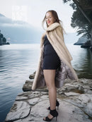Golden pearl mink fur coat in light cream with wide collar, open front, knee length.