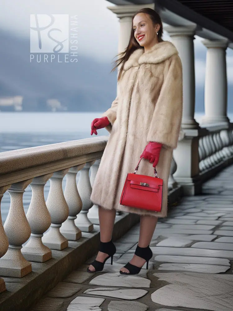 Golden pearl mink fur coat in light cream, knee length, with wide fur collar.
