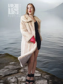 Golden Pearl mink fur coat with soft cream fur and shawl collar, long sleeves.