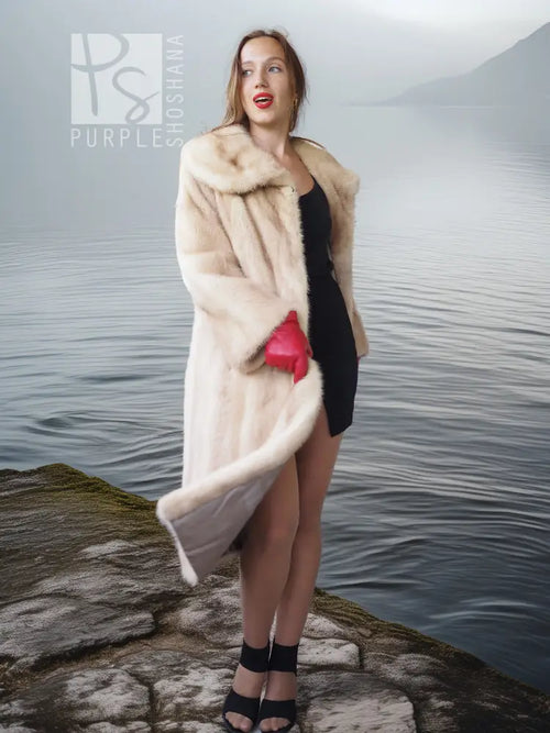 Golden Pearl mink fur coat with soft cream fur and shawl collar, long sleeves.