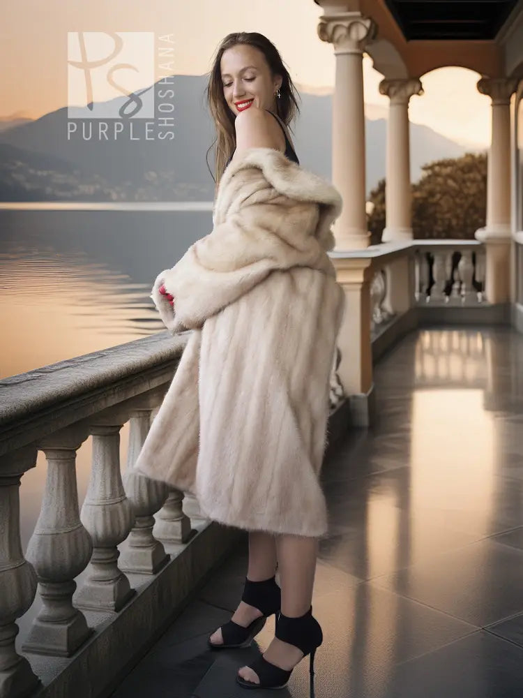 Golden Pearl mink fur coat with shawl collar, cream tone, long sleeves.