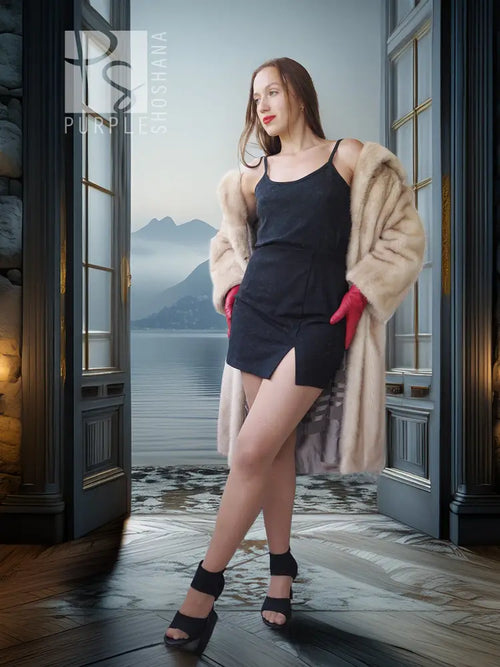 Golden Pearl mink fur coat, cream tone, open front and mid-length cut.