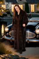 Dark brown mink coat with plush fur texture, long sleeves, and open front.
