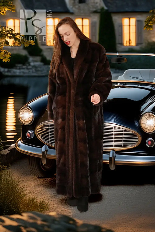 Dark brown mink coat with plush fur texture, long sleeves, and open front.