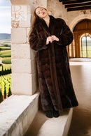 Reversible mink coat with dark brown fur, long length, belted front and open collar
