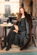 Reversible mink coat with dark brown fur, long length, open collar and wide cuffs